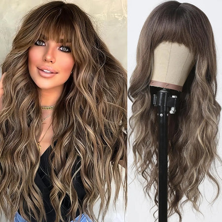 Long Wavy Layered Synthetic Wig with Brown Highlights and Side Bangs LC8155-2 / 24inches