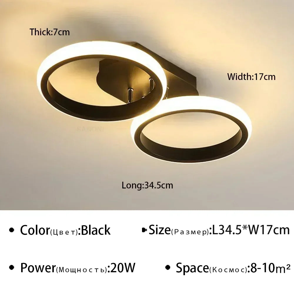 DINDALLED Modern LED Ceiling Light &ndash; Ring LED Fixture Black Round 2heads / Warm White(no RC)