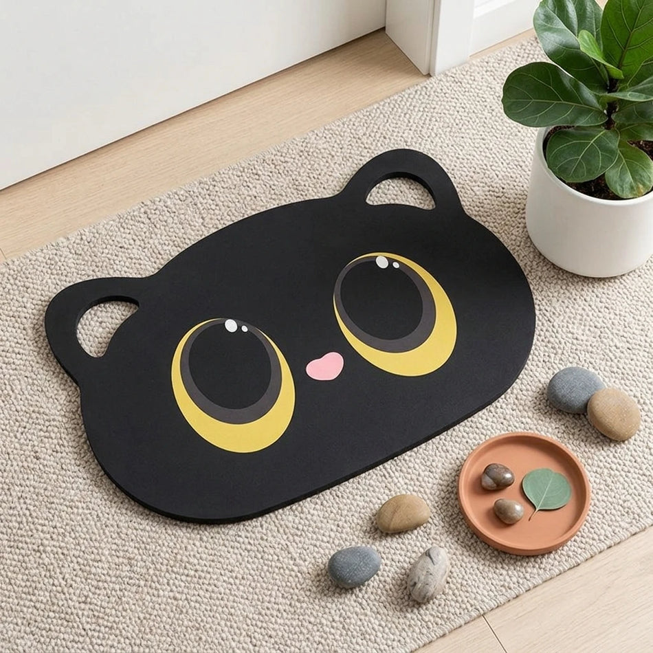 Tapis de bain en boue de diatomite à séchage rapide, antidérapant, design de chat noir en cartoon