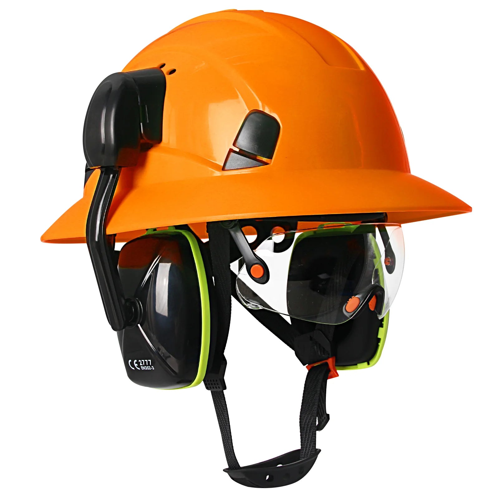 CE Full Brim Safety Helmet With Goggles &ndash; Built In Earmuffs Orange Set