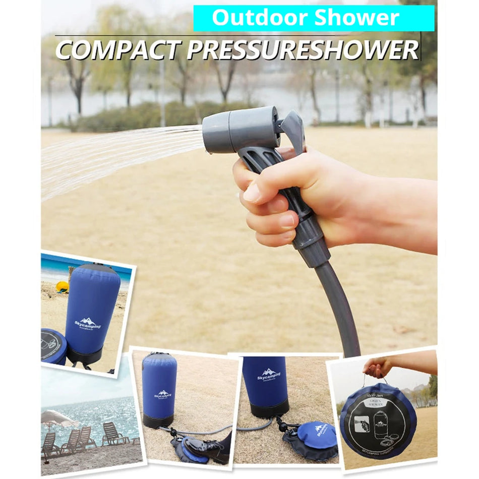 Portable Outdoor Shower with Foot Pump | Lightweight Inflatable Pressure Water Bag for Camping &amp; Beach | 11L Capacity