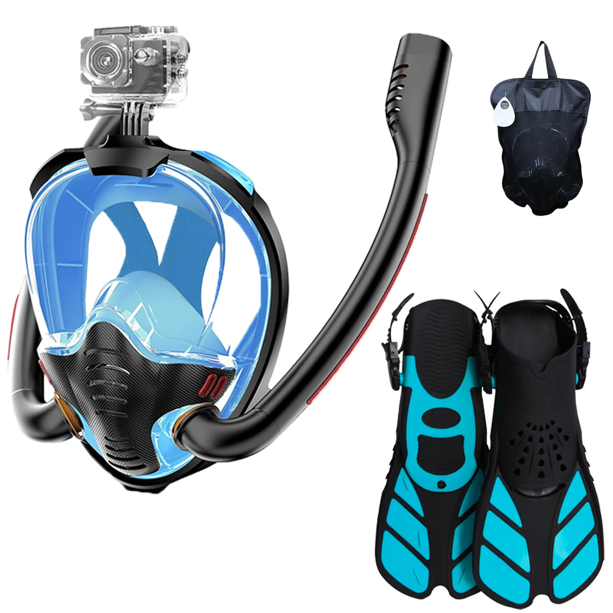 Underwater Snorkeling Full Face Mask Set &ndash; Safe Breathing Black-Cyan / L/XL