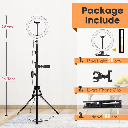 Professional Tripod with LED Ring Light for Phone and Camera 26cmLamp 160cm Stand