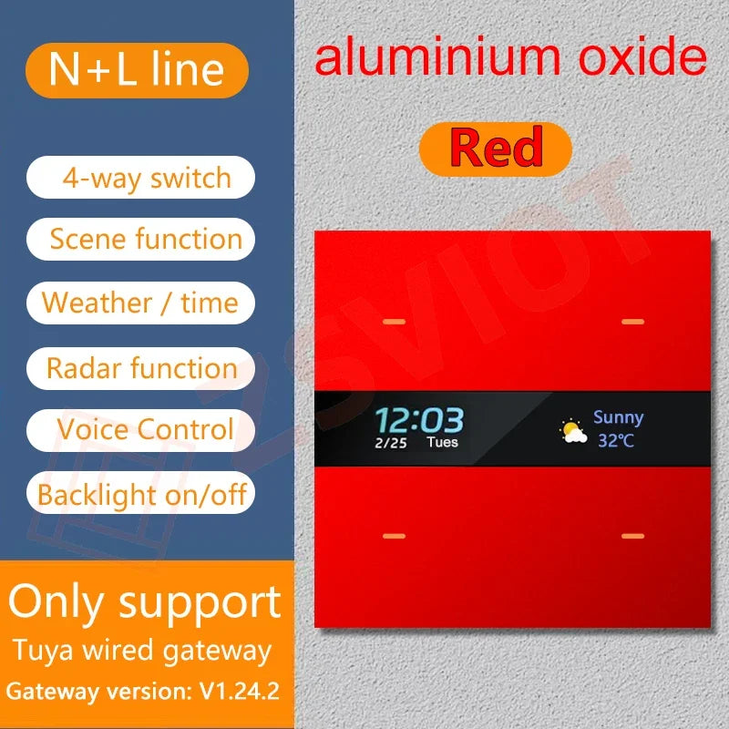 Tuya Zigbee 4 Gang Weather Display Switch &ndash; Time Display Aluminium Red