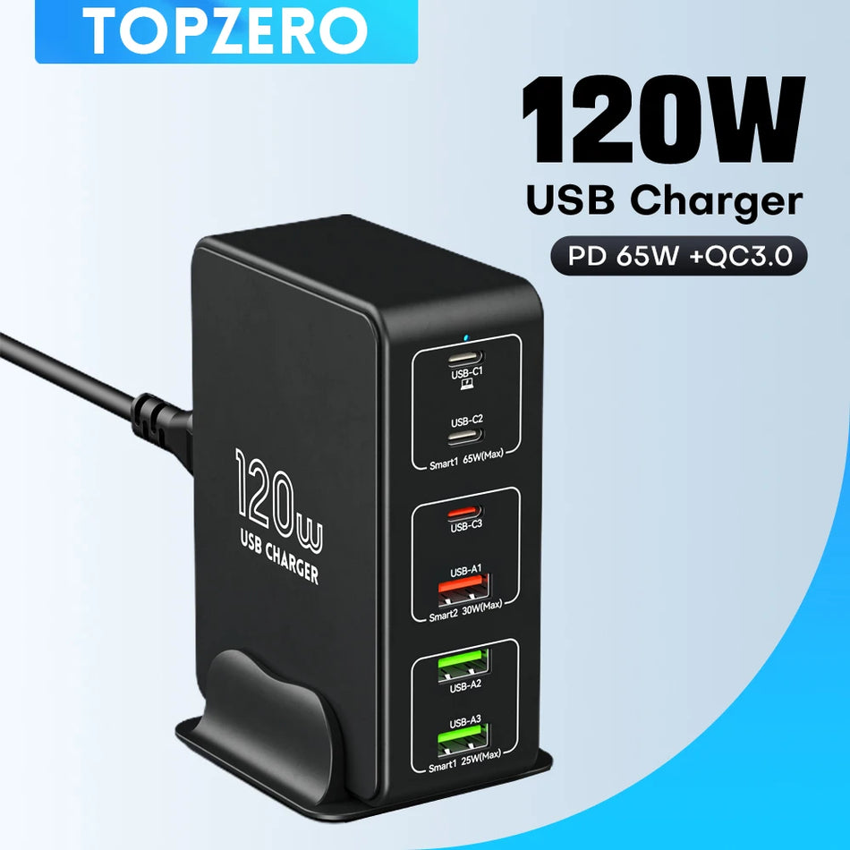 TOPZERO 120W USB Type C Charger &ndash; Six Port Fast Charging Station Black / UK Plug