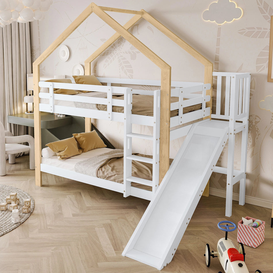 Solid Wood Bunk Bed Med Rutschkana Och Hus Säng 90x200cm