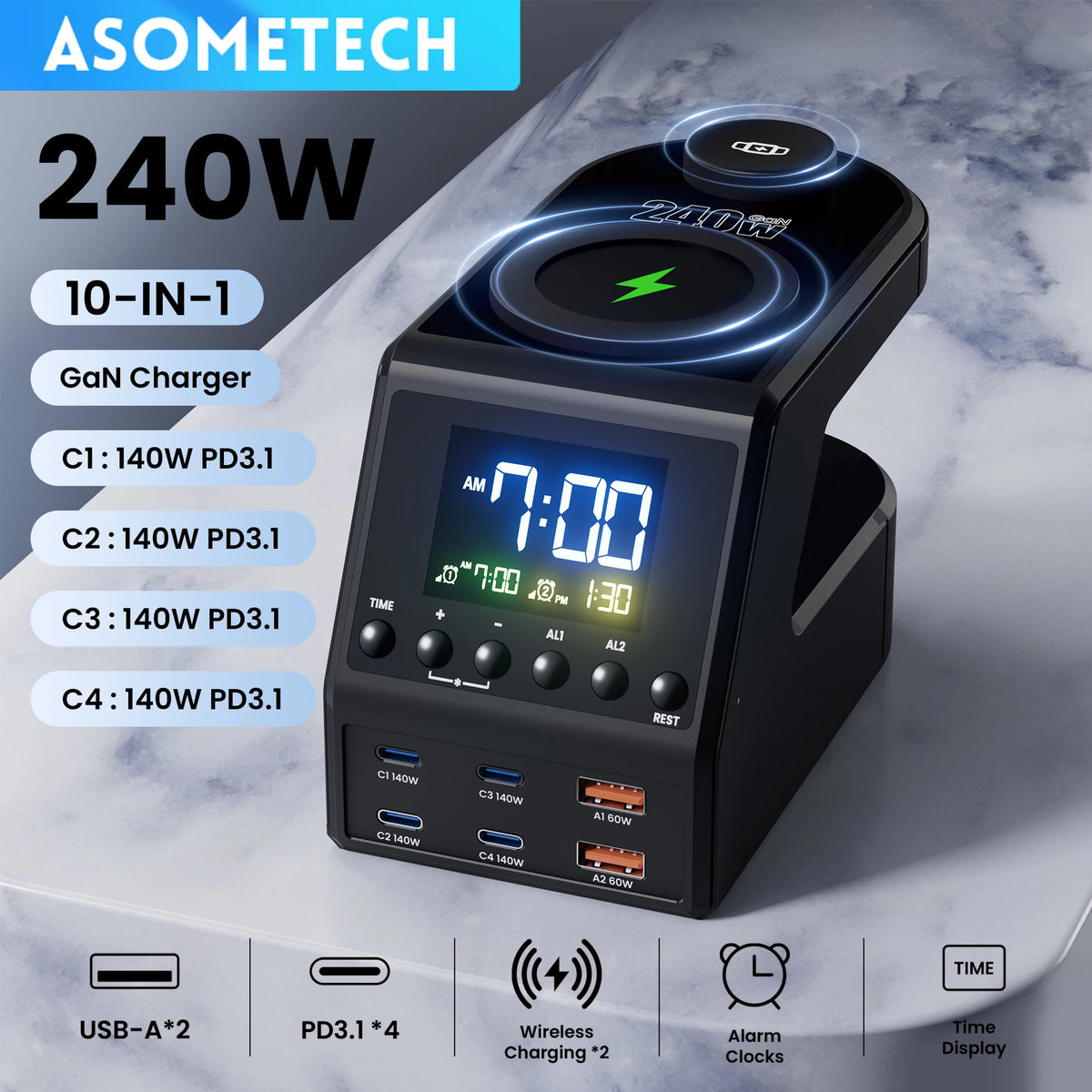 ASOMETECH 240W GaN Charger Station &ndash; Fast Wireless Charging with Time Display BR Plug