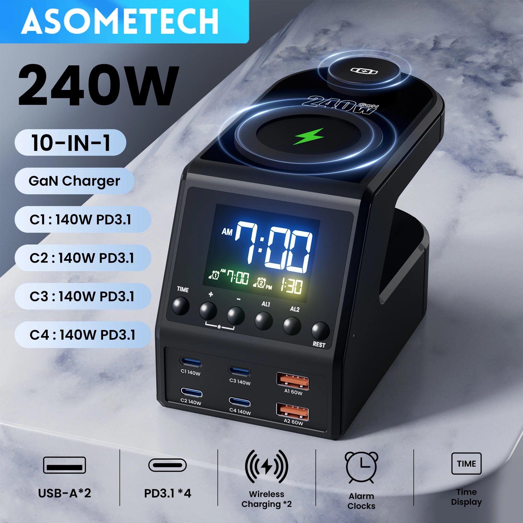 ASOMETECH 240W GaN Charger Station &ndash; Fast Wireless Charging with Time Display BR Plug
