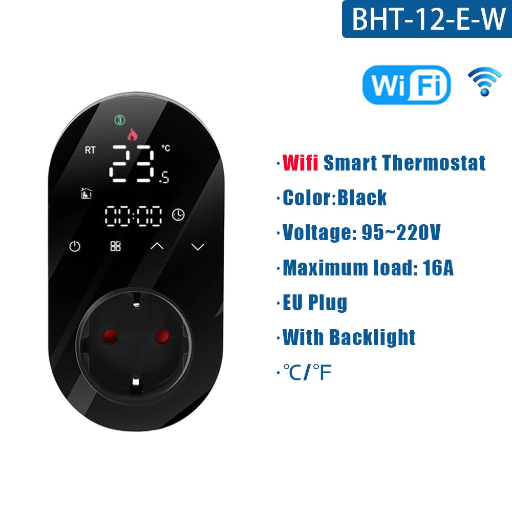 Tuya WiFi Thermostat Socket &ndash; Smart Temperature Control for Efficient Heating With Backlight Black