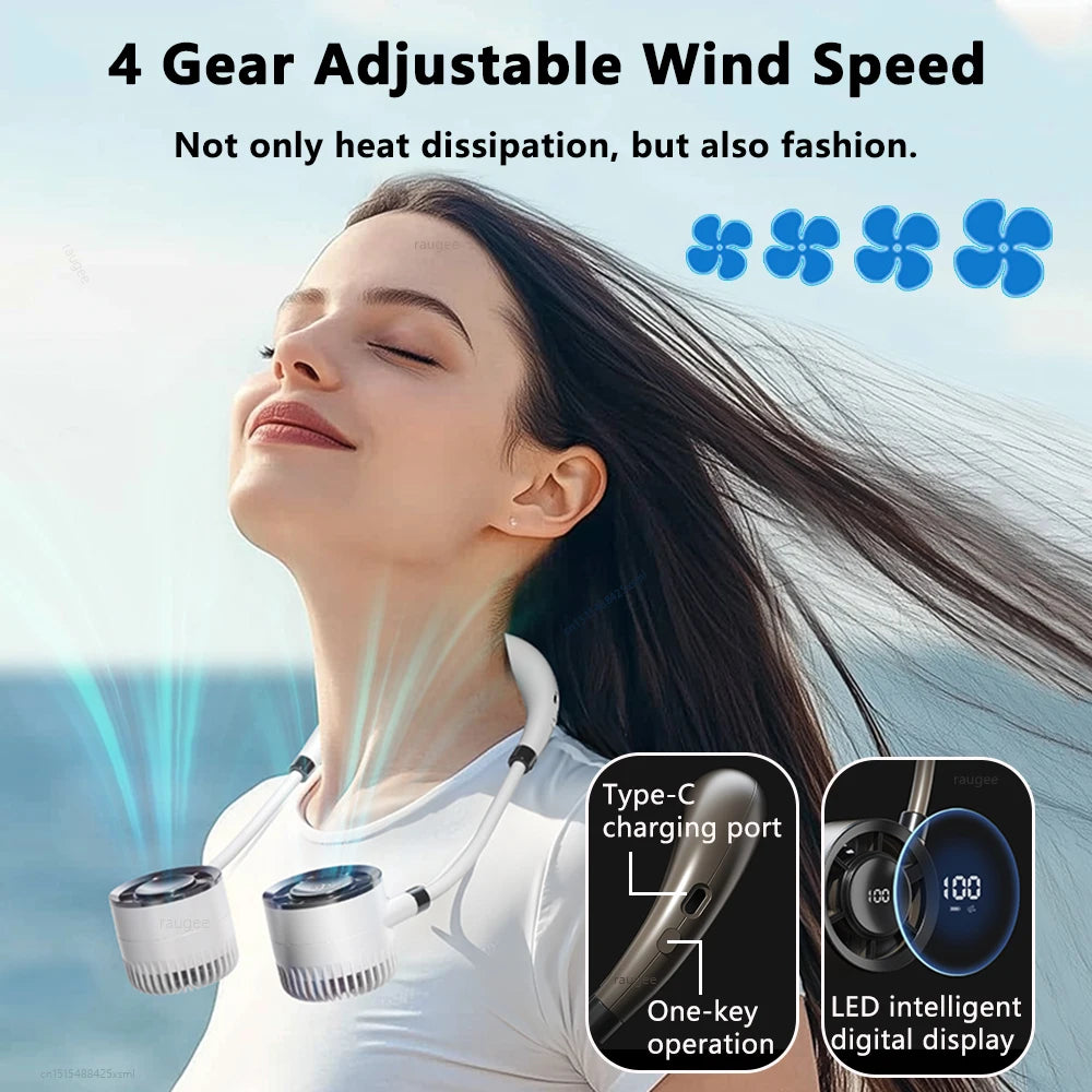 Raugee Portable Neck Fan USB Rechargeable &ndash; Four Speeds