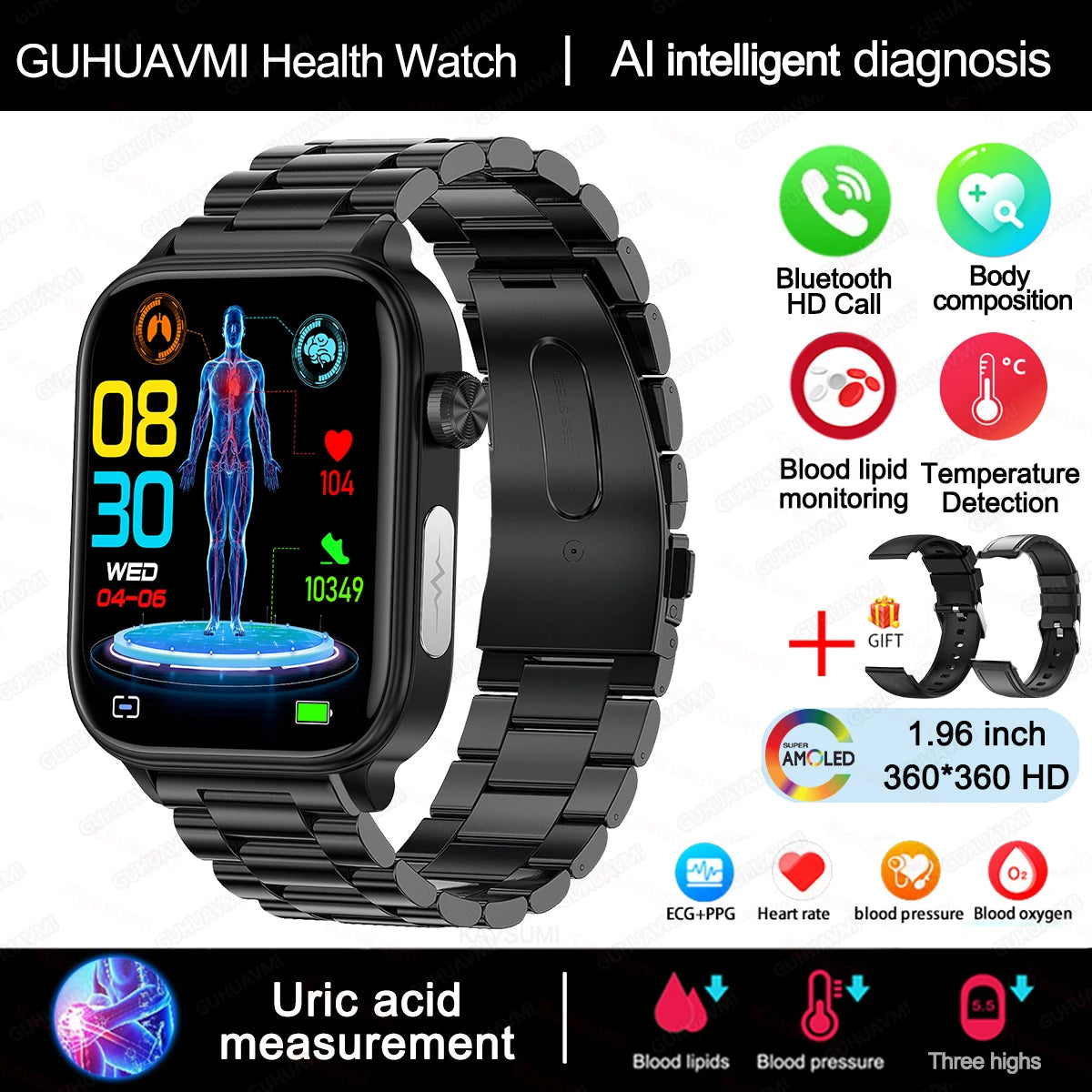AI Diagnostic Detector Smart Watch &ndash; Comprehensive Health Tracking Black-Steel-2A / Health monitoring