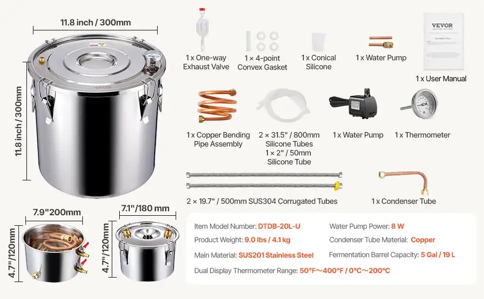 Stainless Steel Alcohol Distiller Kit Dual Condenser DTDB-20L-Ucoppertube / france