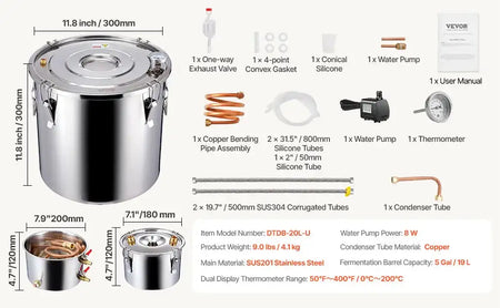 Stainless Steel Alcohol Distiller Kit Dual Condenser DTDB-20L-Ucoppertube / france