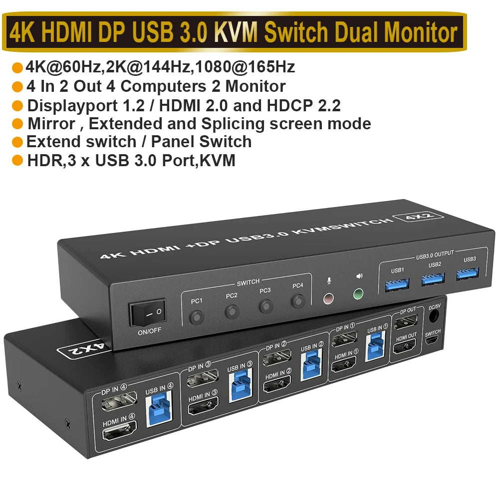 4 Port HDMI USB 3.0 KVM Switch - 4K60Hz Dual Display ZY-AHD42U / UK Power Plug