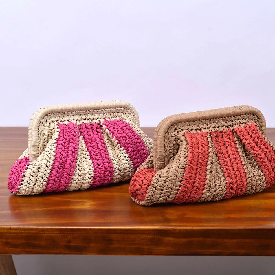 Hasır Clutch El Çantası El Yapımı Çizgili Dokuma Plaj Çantası
