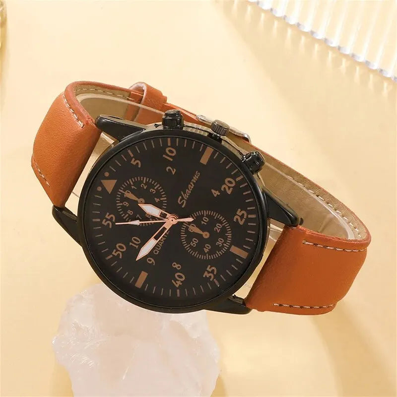 Luxury Brown Leather Quartz Watch with Bracelet Set for Men