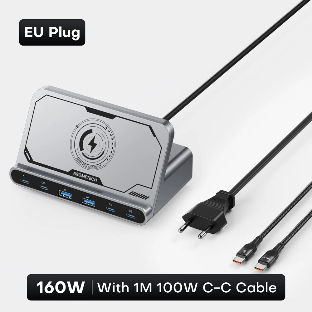 ASOMETECH 160W 7in1 USB C Fast Charging Station &ndash; Ultra-Fast Wireless Charging for Multiple Devices EU Plug With Cable