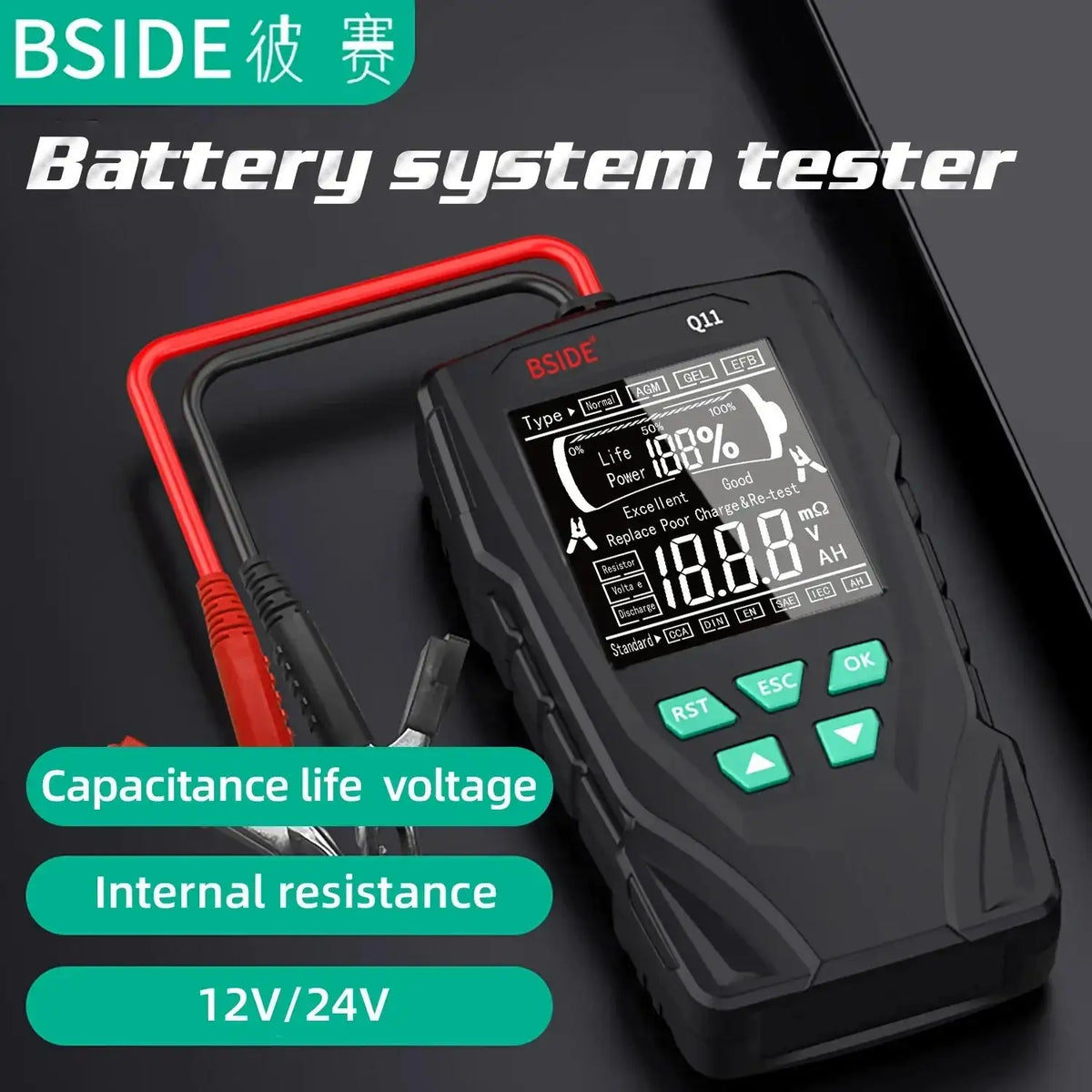 BSIDE Q11 Car Battery Tester 12V 24V Lead Acid Capacity