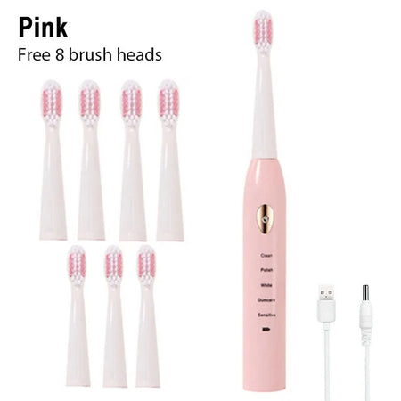 Clean Adult Black White Classic Acoustic Electric Toothbrush &ndash; Customizable 5-Gear Mode Pink with 8 Brush