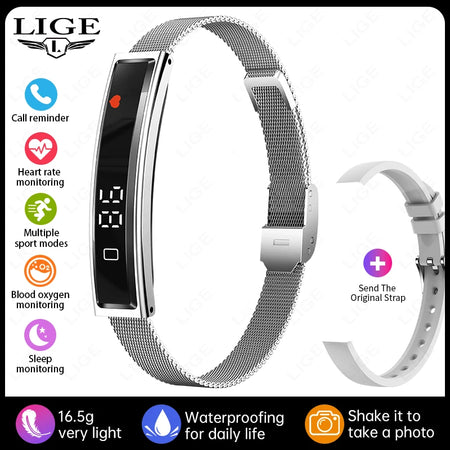 LIGE Fashion Smart Bracelet &ndash; Call Alerts and Heart Rate mesh belt silver / Double straps