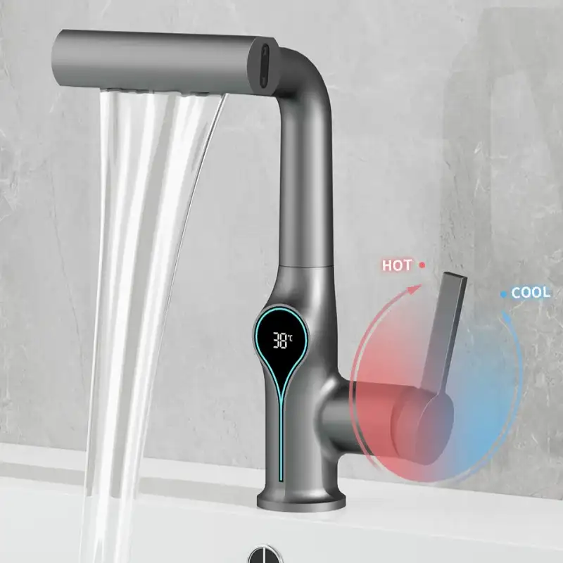 Waterfall Temperature Digital Display Basin Faucet Lift Up Down Stream Sprayer Hot Cold Water Sink Mixer Wash Tap For Bathroom