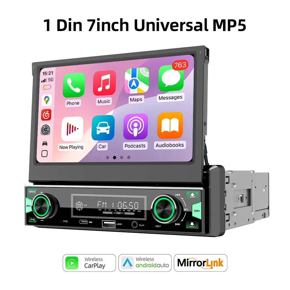 1DIN 7Inch MP5 Car Radio Player FM AM RDS Automatic Retractable IPS Touch Screen Wireless CarPlay Android Auto Car Stereo GPS by InterCyprus Trading Ltd