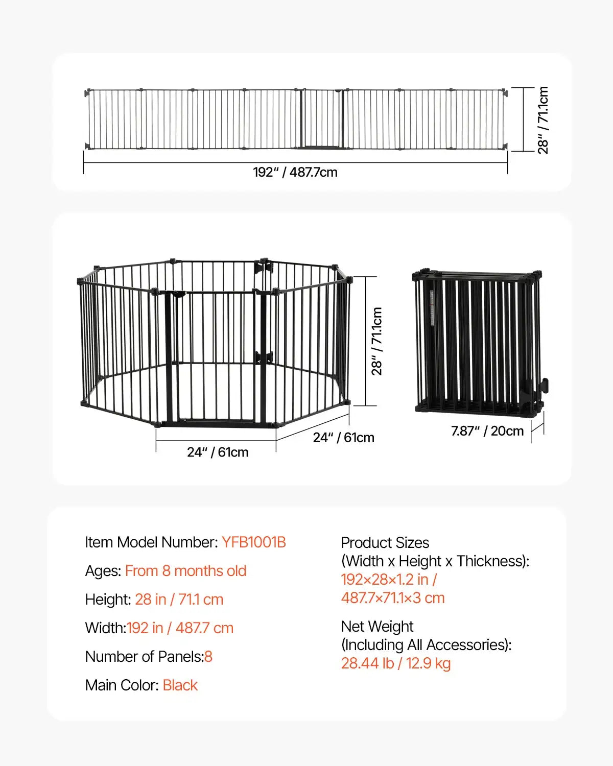 Baby Gate 28 30 36 Inches High &ndash; No Drill Design B8PCs 192in 28inH / france