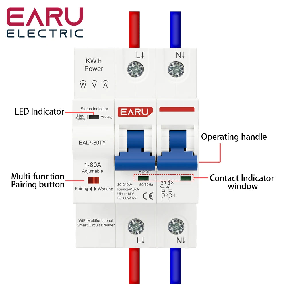 Adjustable Tuya WiFi Smart Circuit Breaker with Energy Meter and Protection Features