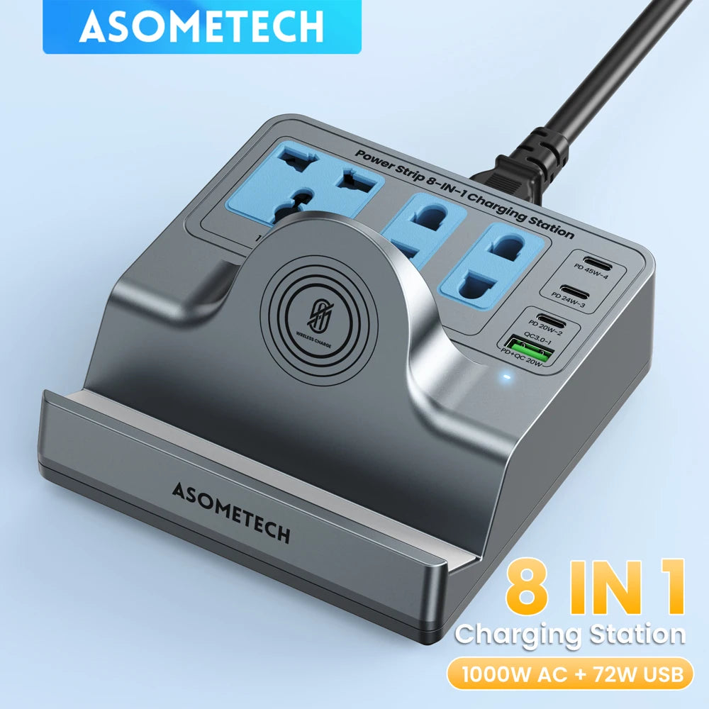 ASOMETECH 72W Fast Charging Station &ndash; Triple Socket Power with 4 USB Ports EU Plug