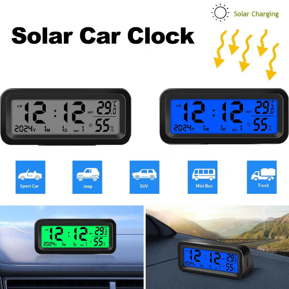 Digitale autoklok op zonne-energie met temperatuurweergave voor het dashboard