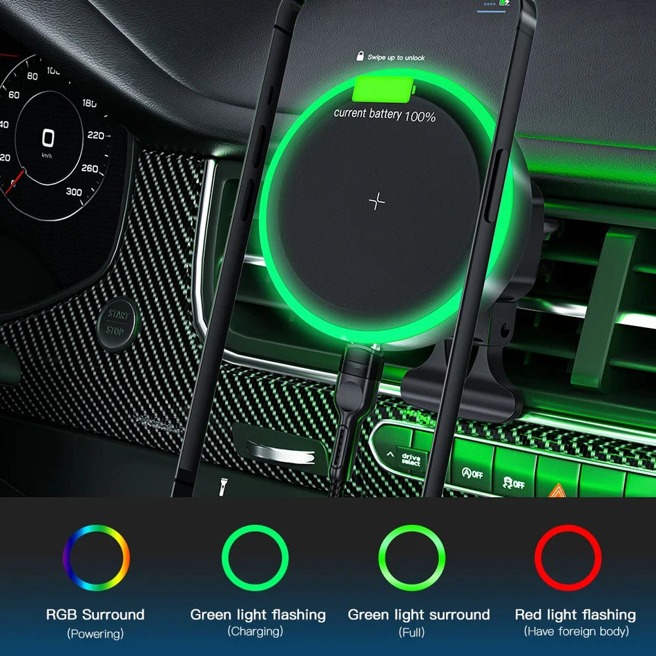 Μαγνητική Ασύρματη Βάση Κινητού Αυτοκινήτου RGB με Γρήγορη Φόρτιση 15W και Αυτόματο Σφιγκτήρα