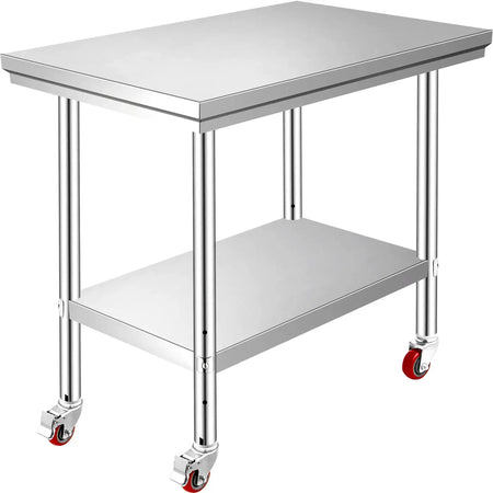 Stainless Steel Work Table With Caster Wheels And Shelves