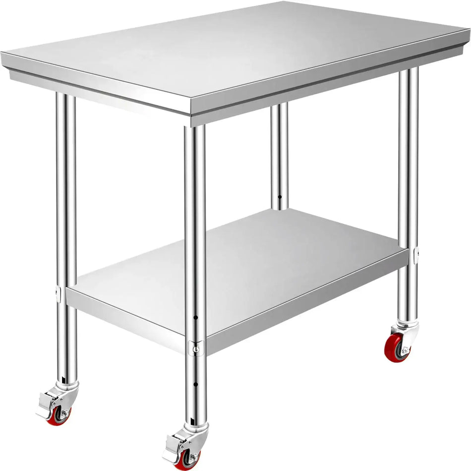 Stainless Steel Work Table With Caster Wheels And Shelves