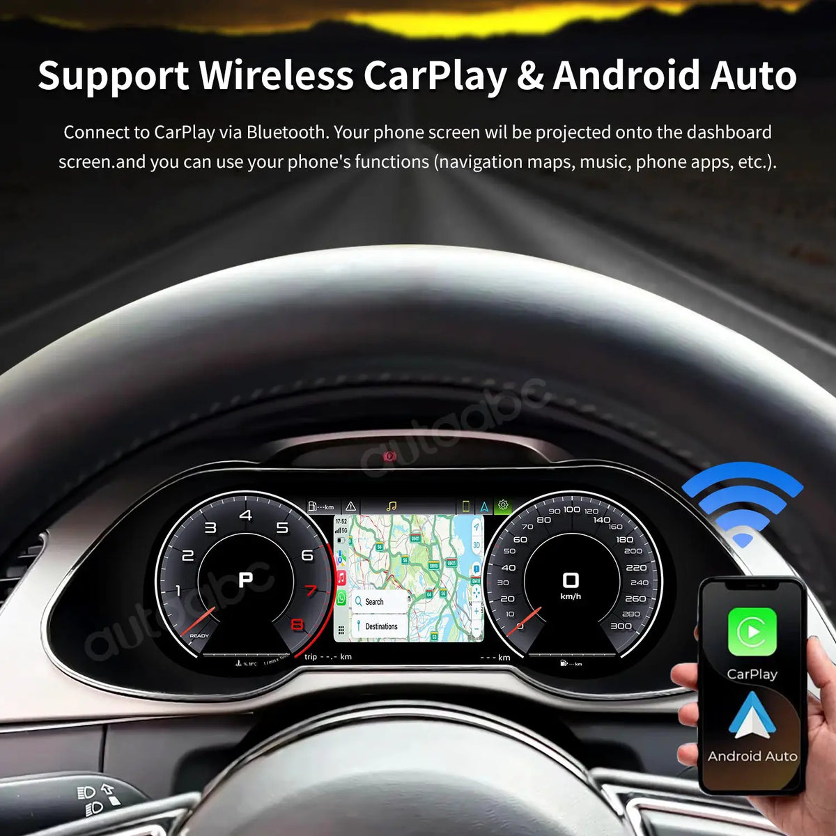 AUTOABC 12.3' LCD Digital Dashboard Cluster Wireless CarPlay Android Auto FOR AUDI A4 2012-2016 year With Airplay 5UI Function by InterCyprus Trading Ltd