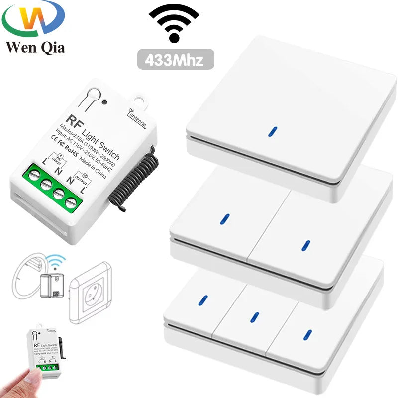 Interruptor de Luz Inteligente Sem Fios com Controle Remoto RF 433MHz, Painel de Parede 86, Lâmpada LED 220V