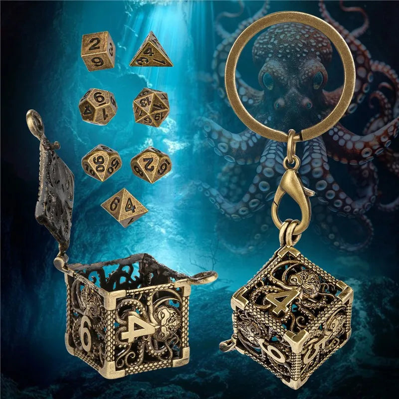 Mini Metal Polyhedral Dice Pendant Necklace With D6 Octopus Storage Box