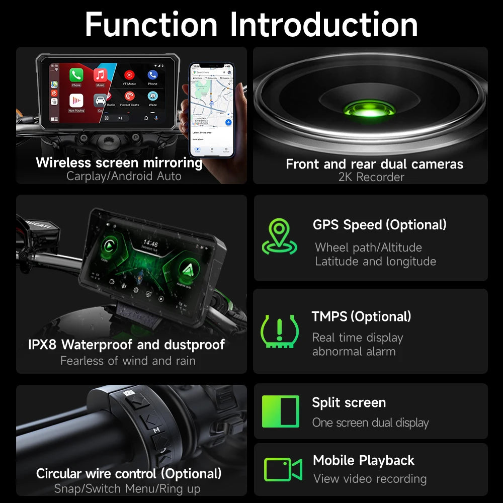 6 Inch Motorcycle Multimedia Player &ndash; 2K HD Touch Screen with Wireless CarPlay and Android Auto