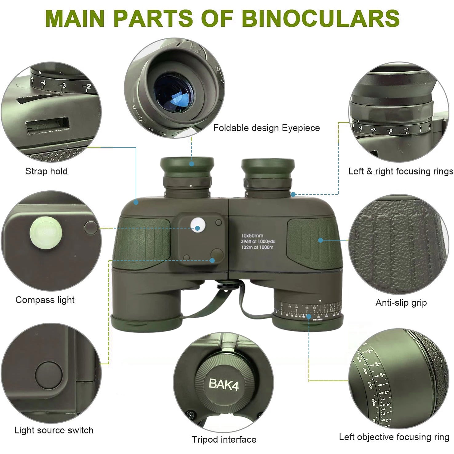 10x50 Marine Military Binoculars &ndash; Waterproof HD BAK4 Prism