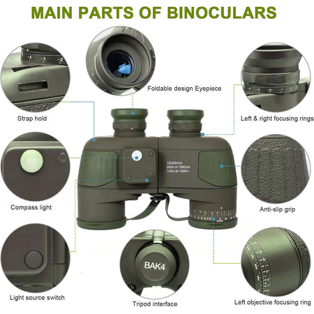 10x50 Marine Military Binoculars &ndash; Waterproof HD BAK4 Prism