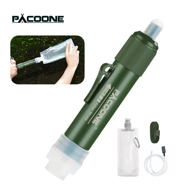 PACOONE Mini Camping Water Purification Filter Straw &amp; TUP Carbon Fiber Bag