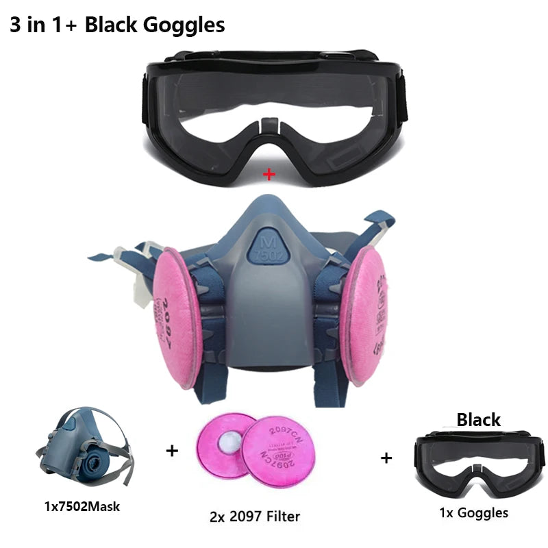 7502 Silicone Respirator Gas Mask Set &ndash; Goggles Included 3in1-Black Goggles