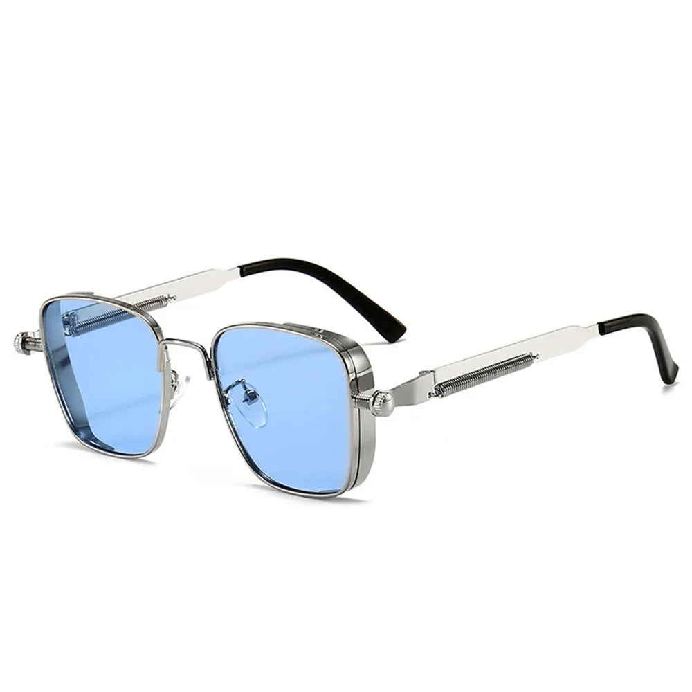 Men Driving Steampunk Square Sunglasses &ndash; UV400 Metal Frame Silver blue