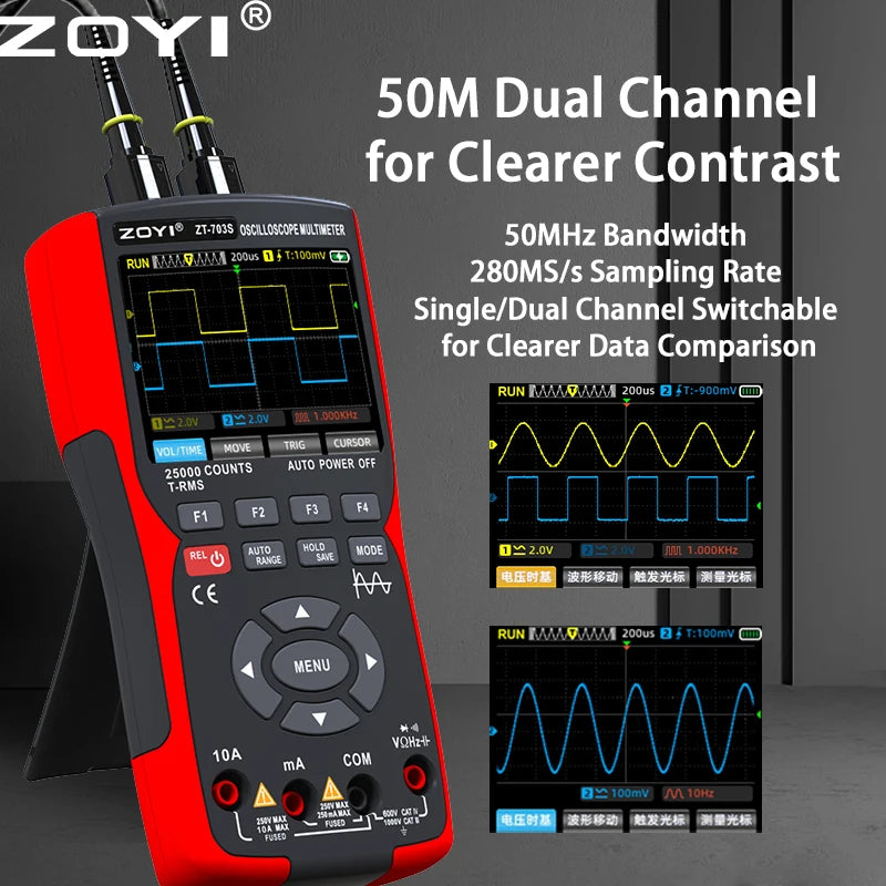 ZOYI ZT-703S Upgrade 50MHz Handheld Digital Oscilloscope &ndash; 3 in 1 Dual Channel Automotive Tool