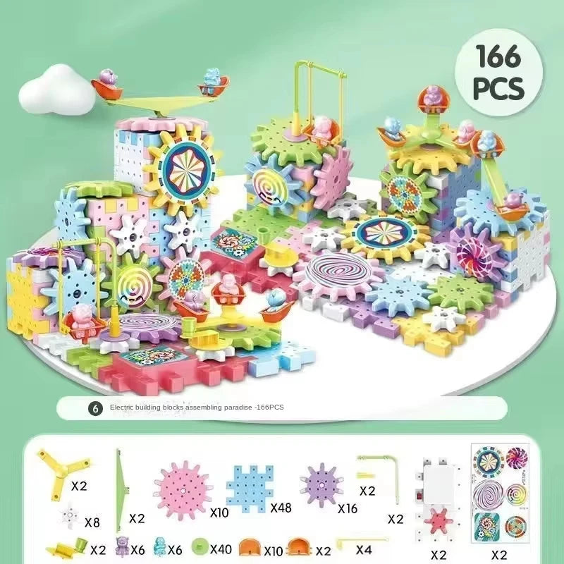 3D Electric Gear Puzzle Building Kit - Educational Plastic Brick Blocks Toy for Kids 166 pcs