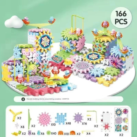 3D Electric Gear Puzzle Building Kit - Educational Plastic Brick Blocks Toy for Kids 166 pcs