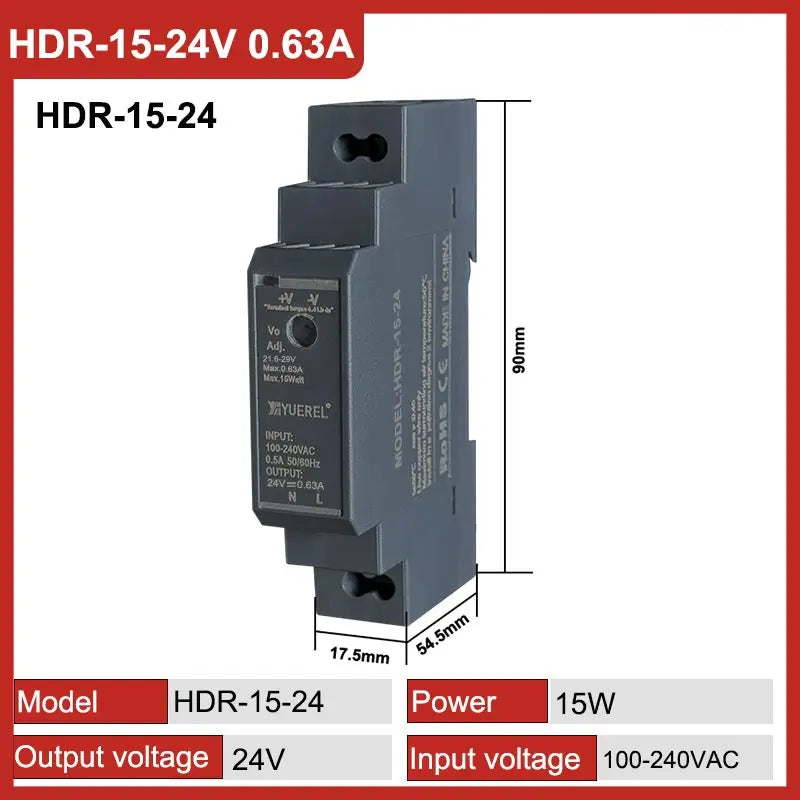 Ultrathin Rail Type Transformer | Efficient &amp; Versatile Power Supply Solutions HDR-15-24V 0.63A
