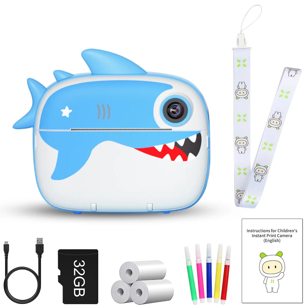 9IMOD Instant Print Camera for Kids - 2.4inch 1080P Selfie &amp; Video Blue Shark with Card