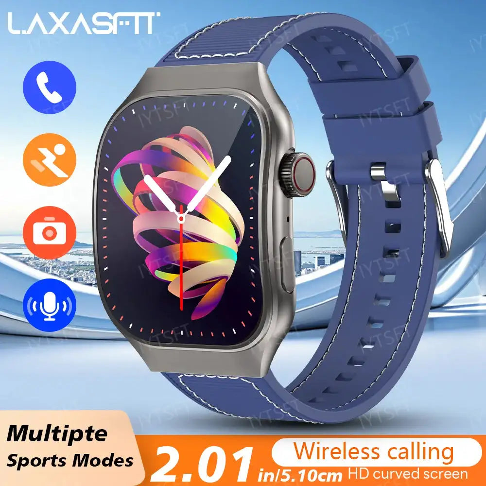 LAXASFIT 2.01 Curved Screen Mens Smartwatch Bluetooth 5.3 Blue