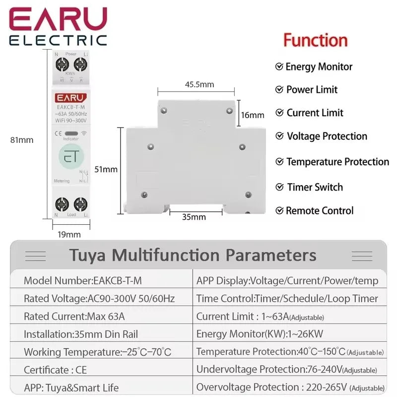 Tuya eWeLink 63A WiFi Smart Circuit Breaker with Remote Control and Energy Monitoring