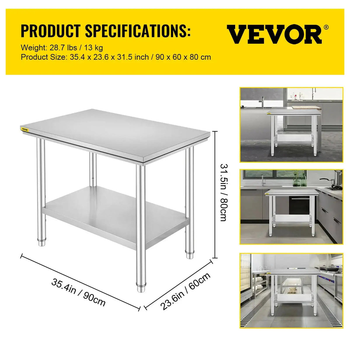 Stainless Steel Kitchen Work Bench With Undershelf 330Lbs 35x24x32 inch 286LBS / france